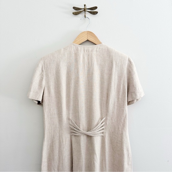 Vintage Linen Blend Neutral Minimalist V Neck Button Down Midi Dress - Picture 5 of 6